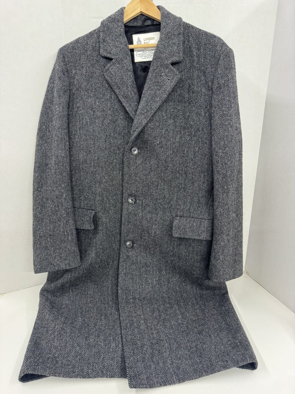London Fog Wool Trench Coat Gray Herring Bone, Size 42 R